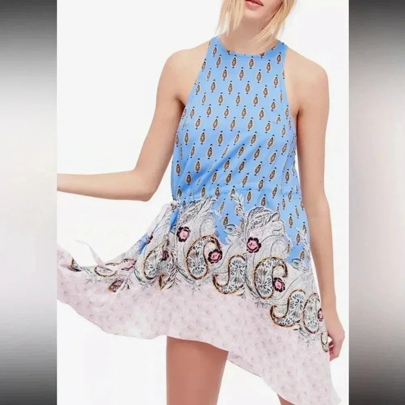 FREE PEOPLE RENDEZVOUS CREW NECK DRAWSTRING TANK DRESS BLUE COMBO large - Picture 1 of 6